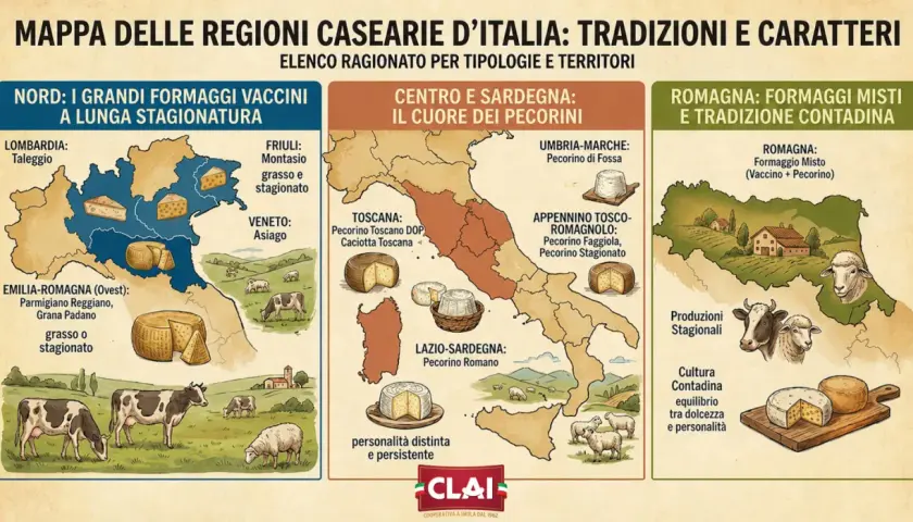 Mappa che illustra tutti i tipi di formaggio italiani, dai grandi vaccini stagionati del Nord ai pecorini del Centro-Sud, fino ai misti della Romagna.