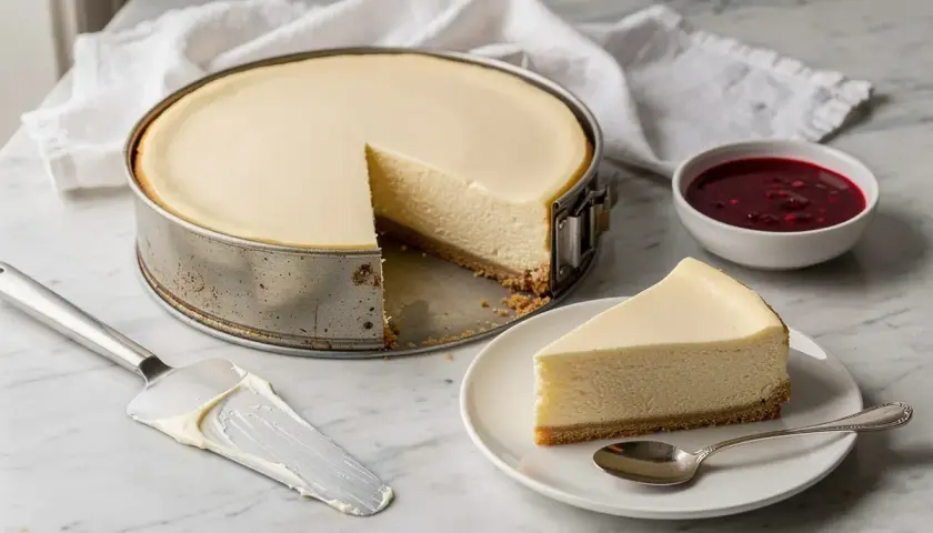 Cheesecake cotta in teglia, con una fetta servita su piatto, accompagnata da salsa ai frutti di bosco.
