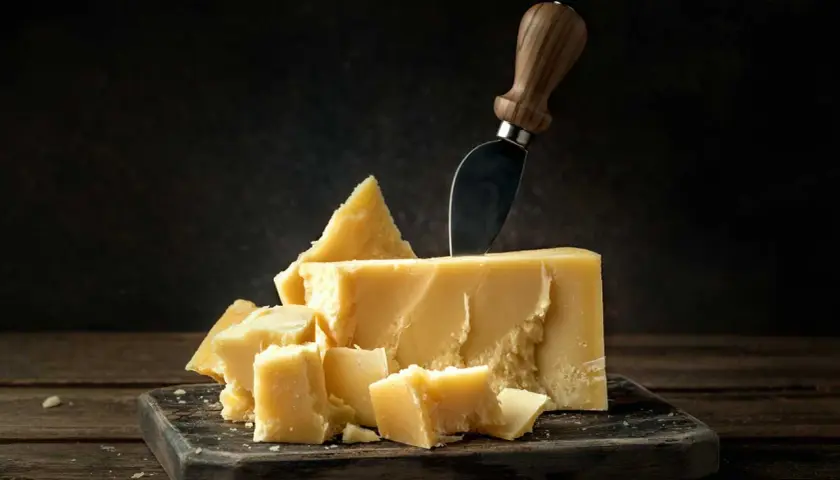 Un pezzo di Grana Padano, pronto per essere gustato, sembra quasi in attesa, come un tesoro in gravidanza.