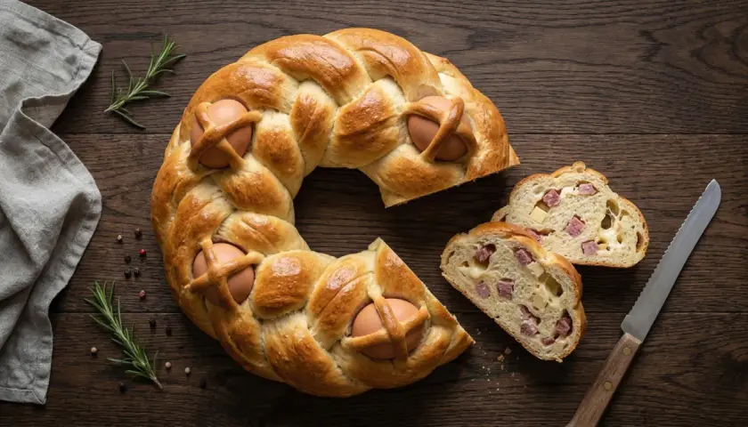 Casatiello napoletano intrecciato con uova, pronto per essere affettato e gustato con salumi e formaggio.