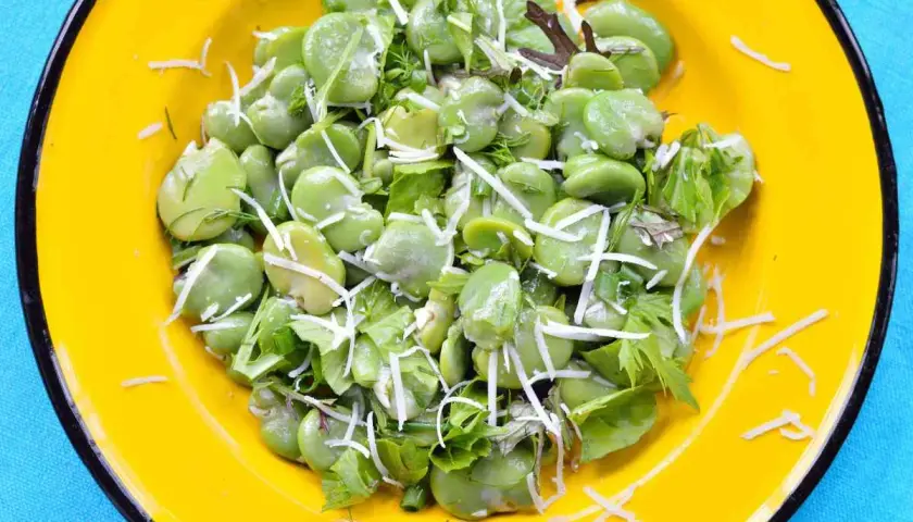 Fave fresche e ricotta grattugiata, un piatto primaverile colorato e gustoso.