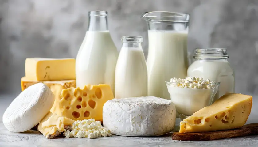 Varietà di formaggi e bottiglie di latte, un vero tripudio di cose il latte, dal fresco al stagionato.