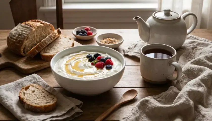 Colazione con yogurt fatto in casa, pane fresco, frutti di bosco e tè. Ecco come si fa lo yogurt: semplice e delizioso.