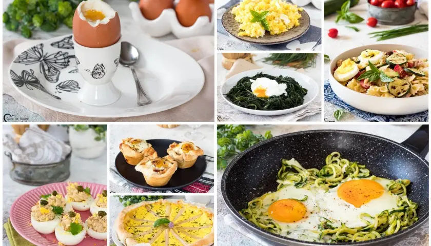 Uova e stracchino in diverse preparazioni: sode, strapazzate, in camicia, in tortini, in insalata di pasta e in padella con zucchine.
