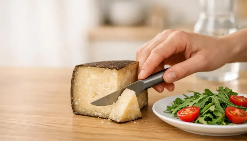 Mano affetta pecorino, pensando alle calorie. Accanto, un'insalata fresca con pomodorini.