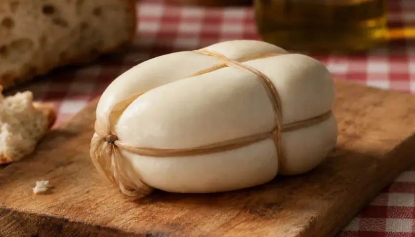 Formaggio provola legato con spago su tagliere di legno, accanto a pane e olio. Ricorda che la provola contiene lattosio.