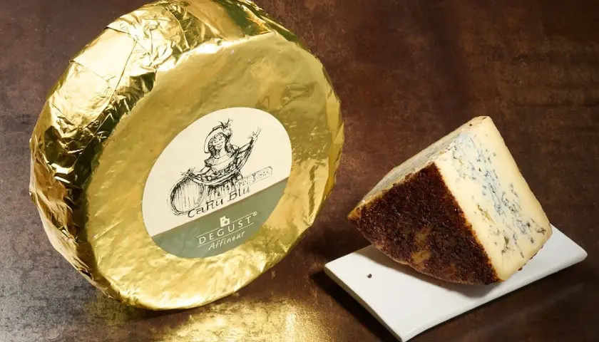 Formaggio blu con crosta scura, accanto a una forma intera avvolta in carta dorata. Questo cacio cos'è? Un'eccellenza da gustare.