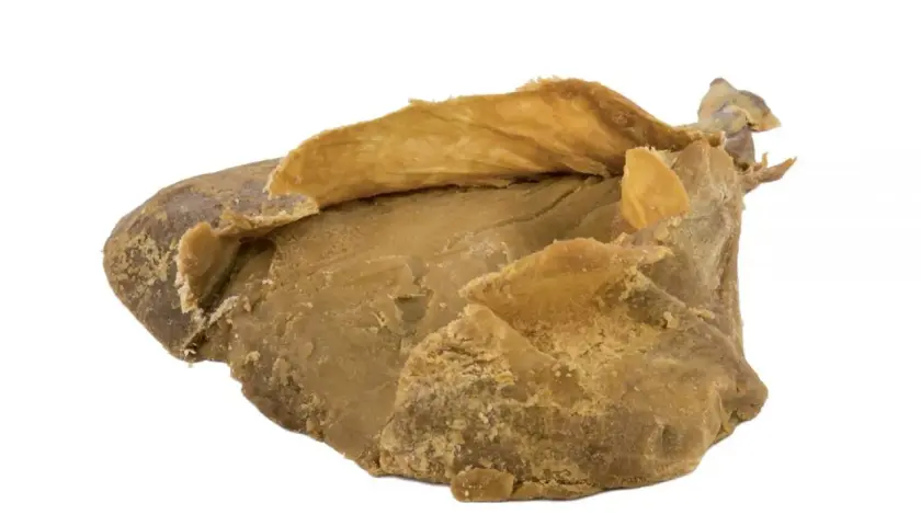 Blocco di caglio animale essiccato, di colore giallo-marrone, con una consistenza irregolare e sfogliata.