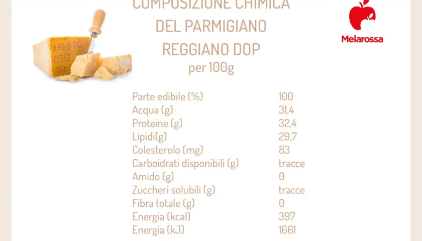 Composizione chimica del Parmigiano Reggiano DOP per 100g: 397 kcal. Dati nutrizionali completi per un alimento gustoso.