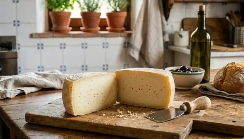 Formaggio fresco su tagliere, con pane, olive e bottiglia d'olio. Un'immagine che evoca chi fa il formaggio con passione.
