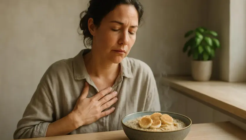 Donna con mano sul petto, con espressione sofferente, davanti a una ciotola di porridge. Forse la ricotta fa male allo stomaco.
