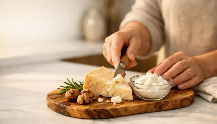 Mani che tagliano parmigiano su tagliere con noci e rosmarino. Un aiuto per chi soffre di artrosi.
