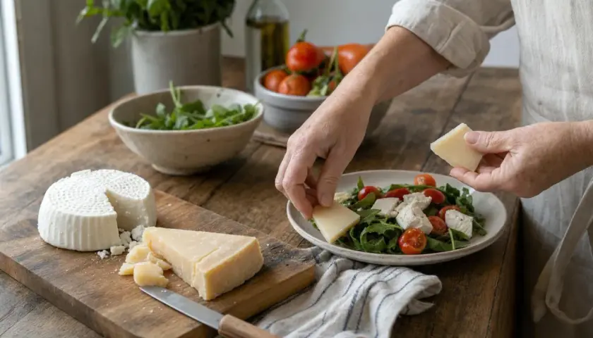 Mani aggiungono cubetti di formaggio a un'insalata fresca. Sul tagliere, un tomino e un pezzo di parmigiano, ingredienti perfetti per un piatto gustoso e con moderato colesterolo.