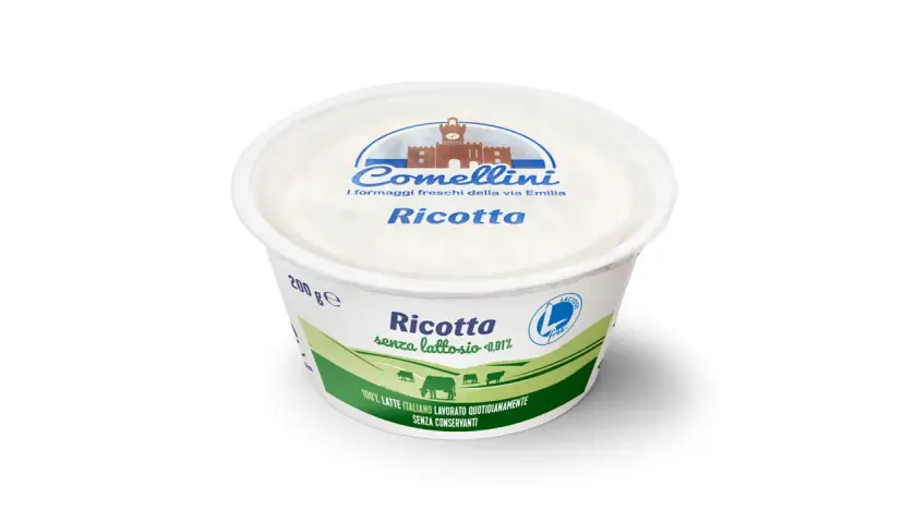 Ricotta Comellini senza lattosio, 200g. Un formaggio fresco che, come la ricotta, contiene caseina, ideale per chi cerca leggerezza.