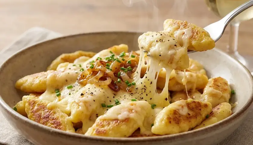 Gnocchi dorati ricoperti di formaggio fuso filante, cipolle caramellate e erba cipollina. Una deliziosa ricetta per un piatto confortante.