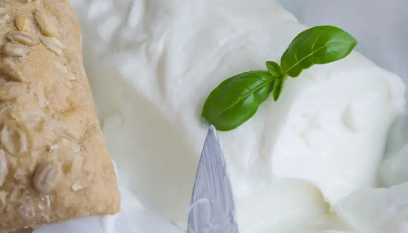 Un panino integrale con semi e un blocco di cremoso stracchino, un formaggio magro, guarnito con una foglia di basilico.