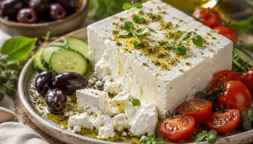 Un blocco di feta, formaggio di capra, condito con erbe e olio, servito con pomodorini, olive e cetrioli.
