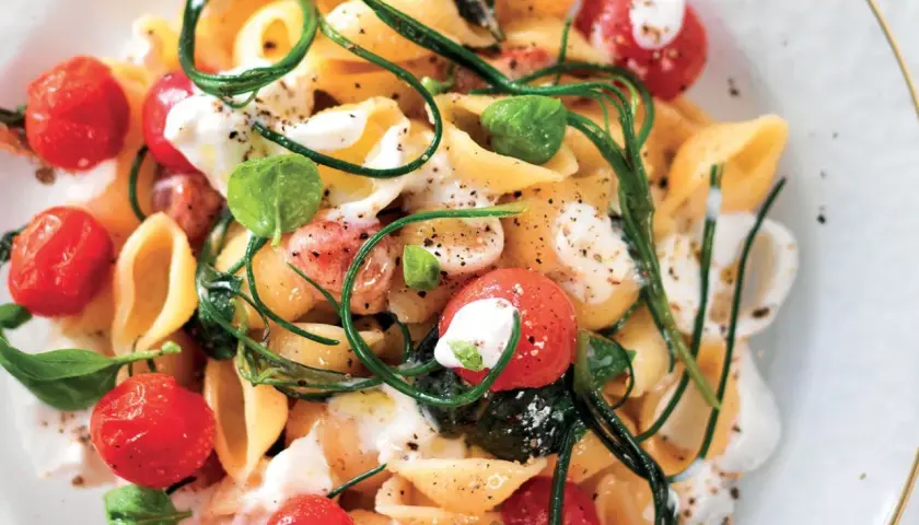 Conchiglie con pomodorini, basilico e una cremosa stracciatella. Un piatto fresco e invitante.