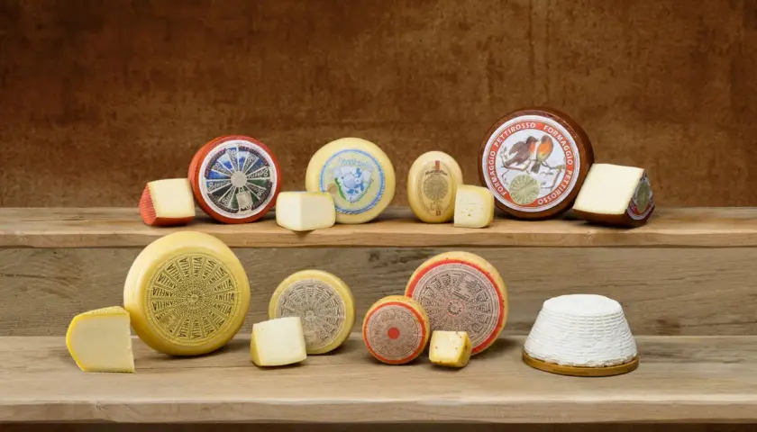 Varietà di formaggi spalmabili per dolci, disposti su assi di legno. Alcuni sono interi, altri tagliati a spicchi.