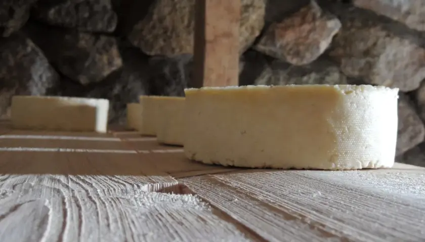 Formaggi freschi in fase di produzione, riposano su assi di legno grezzo. La pietra grezza fa da sfondo a questo momento di attesa.