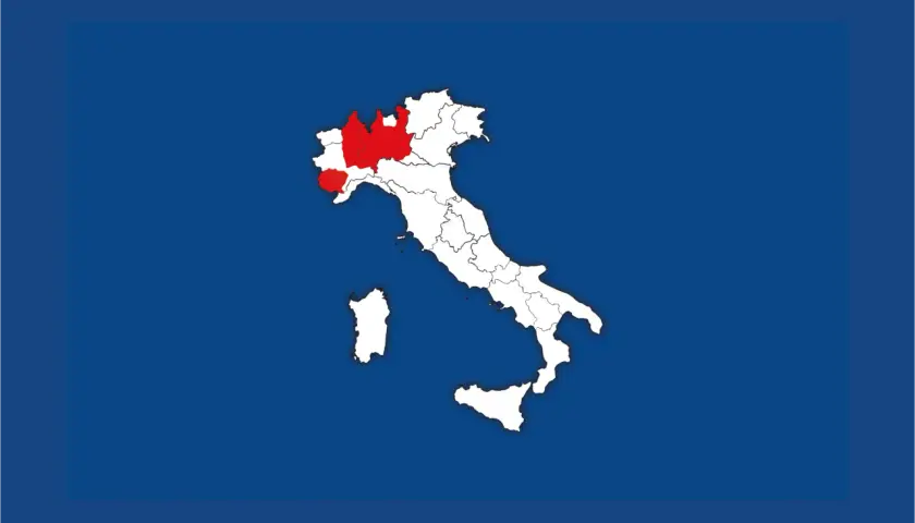 Mappa dell'Italia con evidenziate le regioni dove fanno il gorgonzola: Lombardia, Piemonte e Veneto.