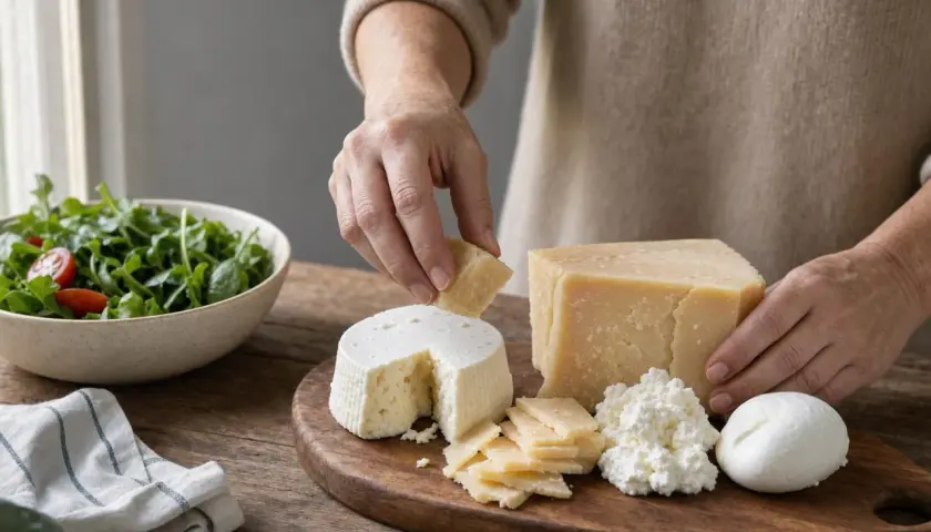 Selezione di formaggi su tagliere: ricotta, mozzarella, parmigiano e fette sottili, con un pezzo di provolone che ricorda il colesterolo.