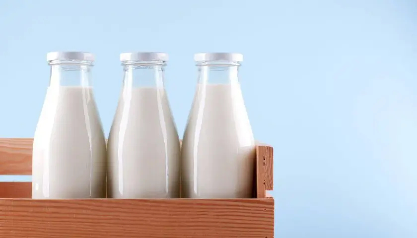 Tre bottiglie di latte fresco in una cassa di legno, pronte per essere pastorizzate.
