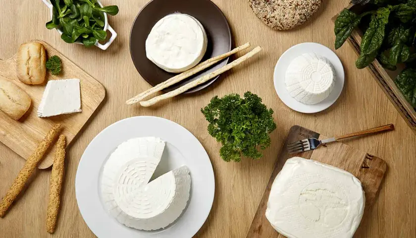 Vari tipi di formaggio fresco, tra cui lo squacquerone, un formaggio grasso, con pane, grissini e verdure su un tavolo di legno.