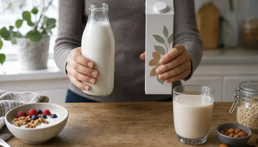 Una persona tiene una bottiglia di latte e un cartone di latte di mandorla. Sul tavolo ci sono una ciotola di yogurt con frutta e noci, un bicchiere di latte e ingredienti per la colazione. Le pecore fanno il latte sempre, ma qui si celebra il latte ve...
