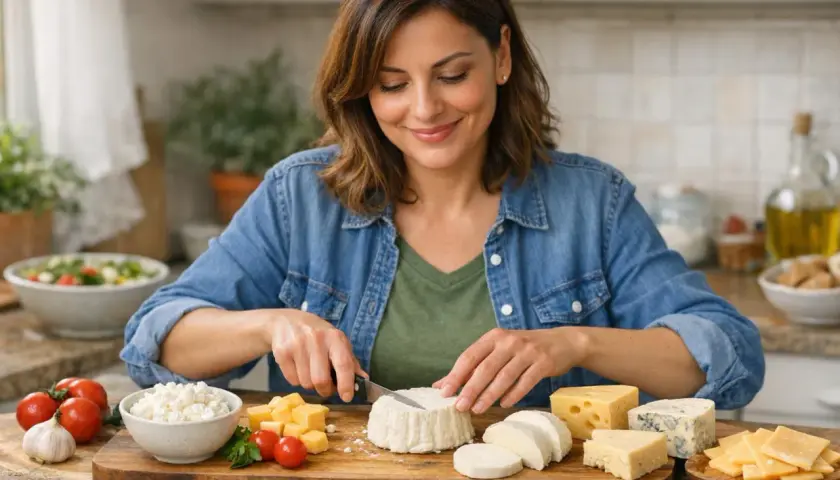 Donna sorridente prepara un tagliere di formaggi, tra cui un formaggio spalmabile, pensando a come gestire il colesterolo con gusto.