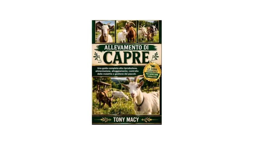 Copertina libro "Allevamento di capre", con immagini di capre siciliane e dettagli su riproduzione, alimentazione e salute.