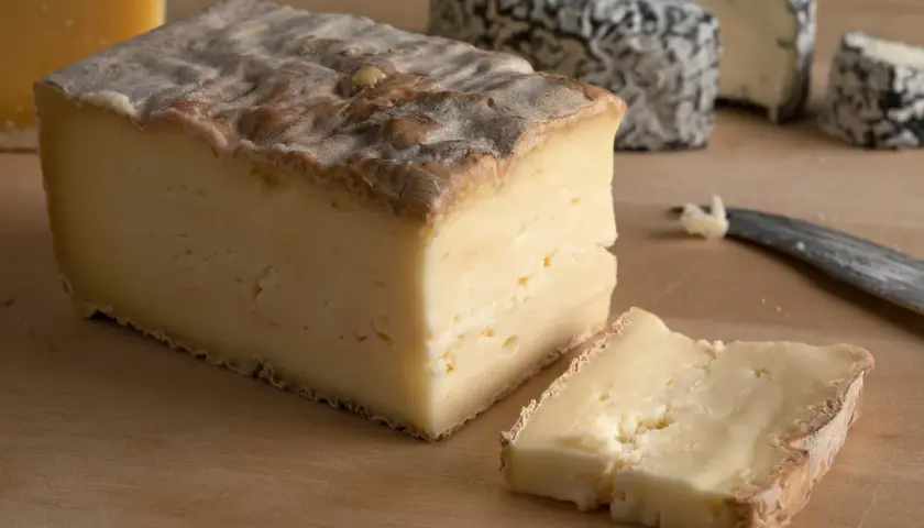 Un pezzo di taleggio dal sapore intenso, con una fetta tagliata e altri formaggi sullo sfondo.