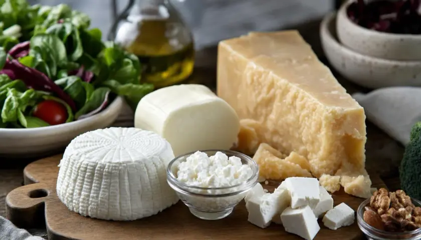 Varietà di formaggi freschi e stagionati, ideali per chi si chiede che formaggi si possono mangiare con il colesterolo alto.