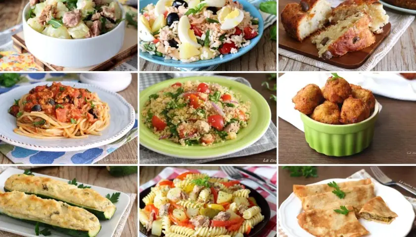 Nove piatti diversi, tra cui insalate di patate e tonno, pasta, couscous e frittelle. Attenzione: tonno e formaggio insieme fa male!