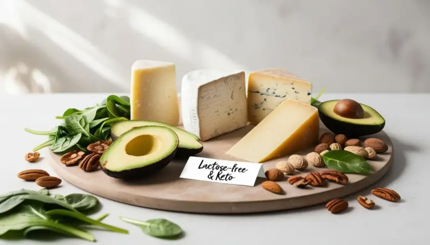 Selezione di formaggi, avocado, spinaci e frutta secca, perfetti per una dieta chetogenica.