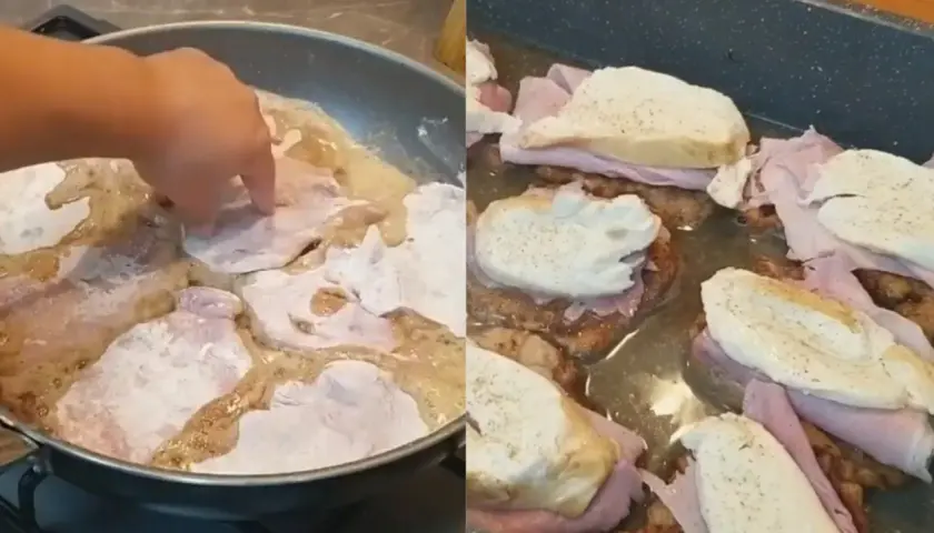 Scaloppine alla valdostana in padella e poi in teglia con prosciutto e fontina.