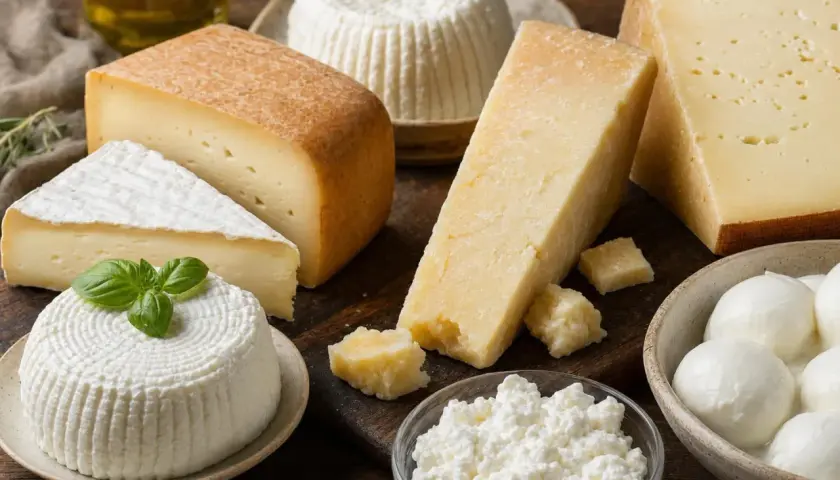 Varietà di formaggi, alcuni con più colesterolo, tra cui mozzarella, ricotta e parmigiano, disposti su un tagliere di legno.