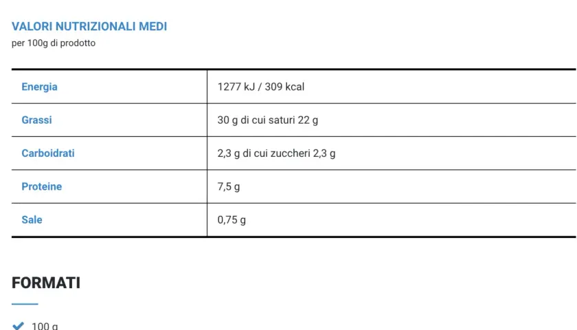 Tabella con i valori nutrizionali medi per 100g di robiola: energia, grassi, carboidrati, proteine e sale.