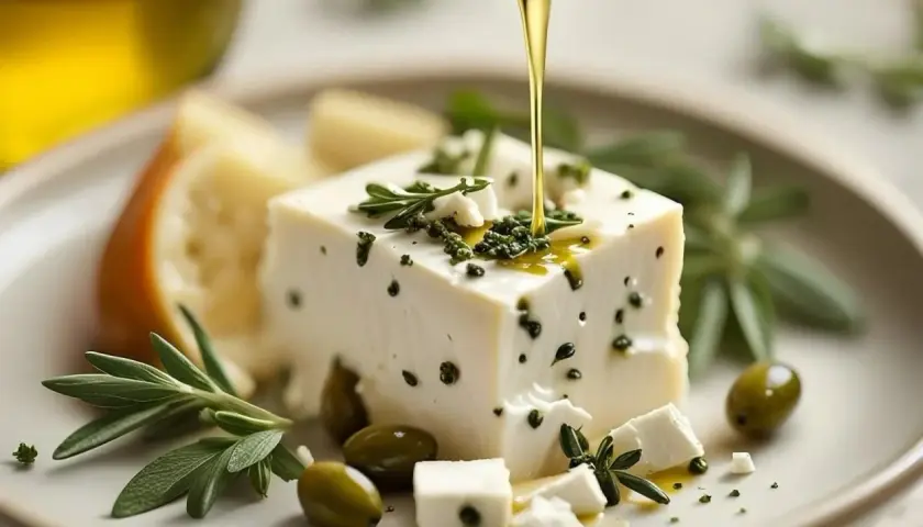 Un blocco di feta grassi, condito con erbe aromatiche e olive, viene irrorato con olio d'oliva dorato.