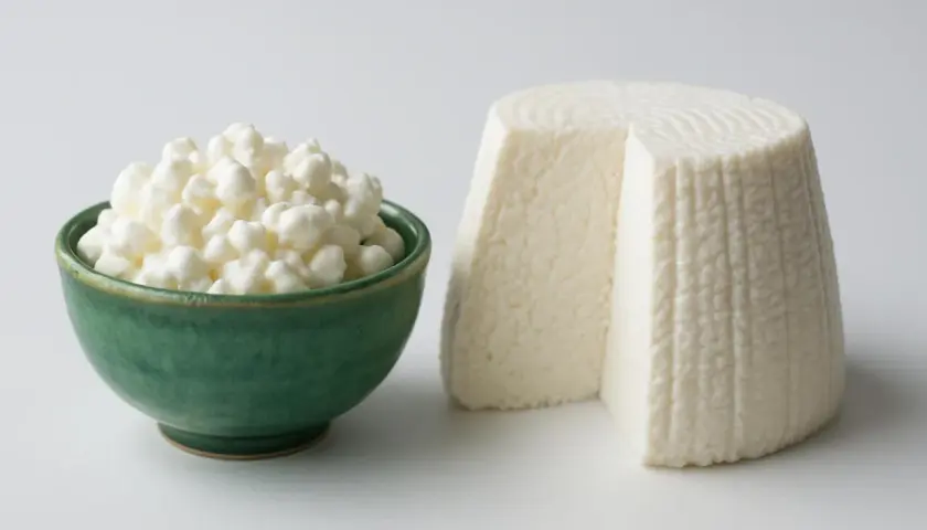 Formaggio fresco e fiocchi di latte, un'ottima fonte di formaggio con più proteine per una dieta equilibrata.