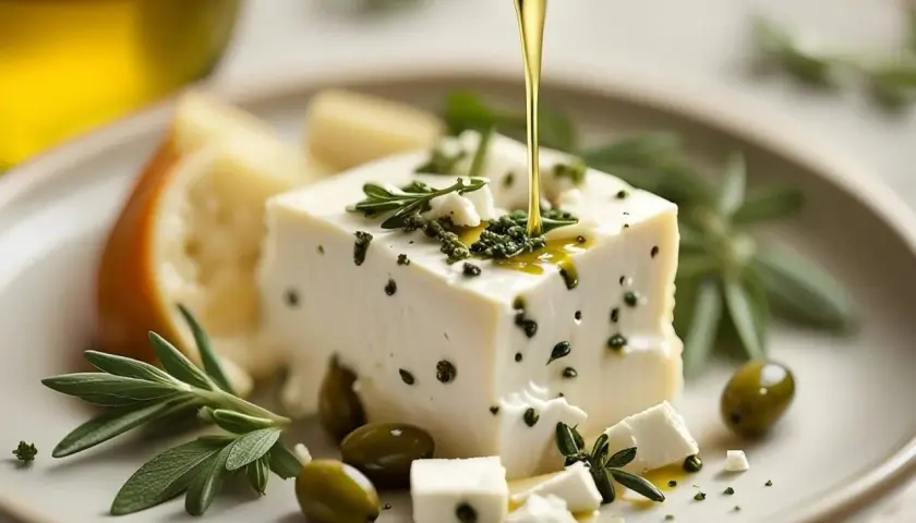 Un blocco di la feta, condito con erbe aromatiche e pepe, viene irrorato da un filo d'olio d'oliva dorato. Olive verdi e rametti di rosmarino completano la composizione su un piatto chiaro.