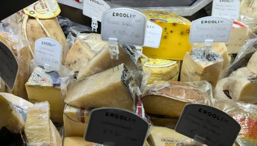Vari tipi di formaggi in esposizione, tra cui il Pecorino Romano, per scoprire come si fa il pecorino.