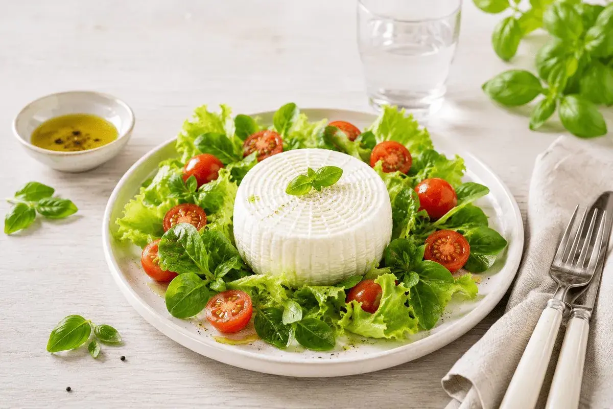 Insalata fresca con un disco di primo sale, pomodorini e basilico, condita con olio d'oliva.