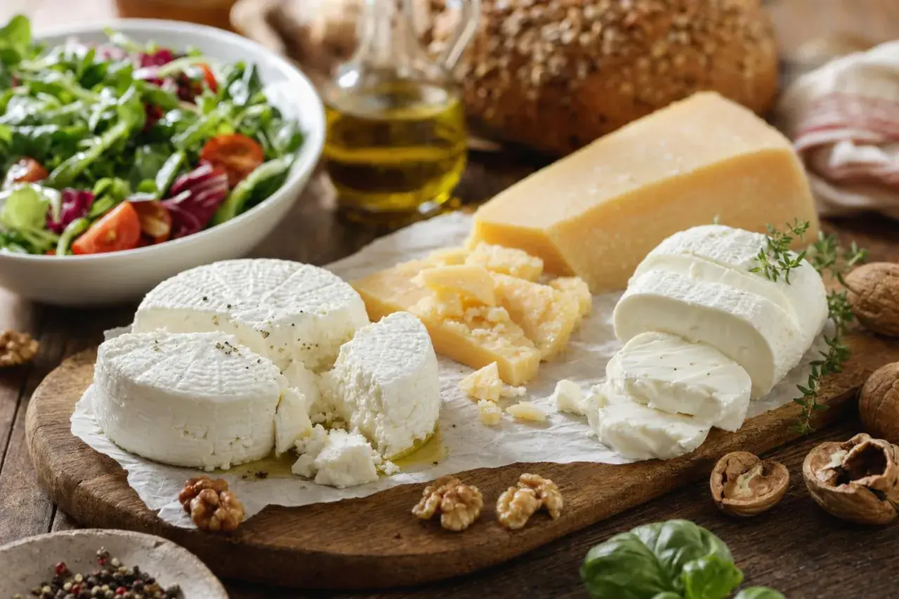 Selezione di formaggi freschi e stagionati, tra cui la feta, con insalata, pane e noci. Un piacere per il palato, ma attenzione al colesterolo!