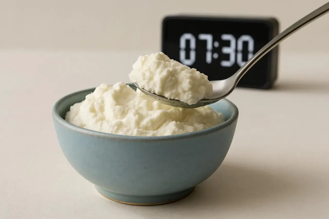 Ricotta cremosa in una ciotola, pronta per una colazione sana. Un nutrizionista la consiglierebbe per iniziare la giornata con energia.