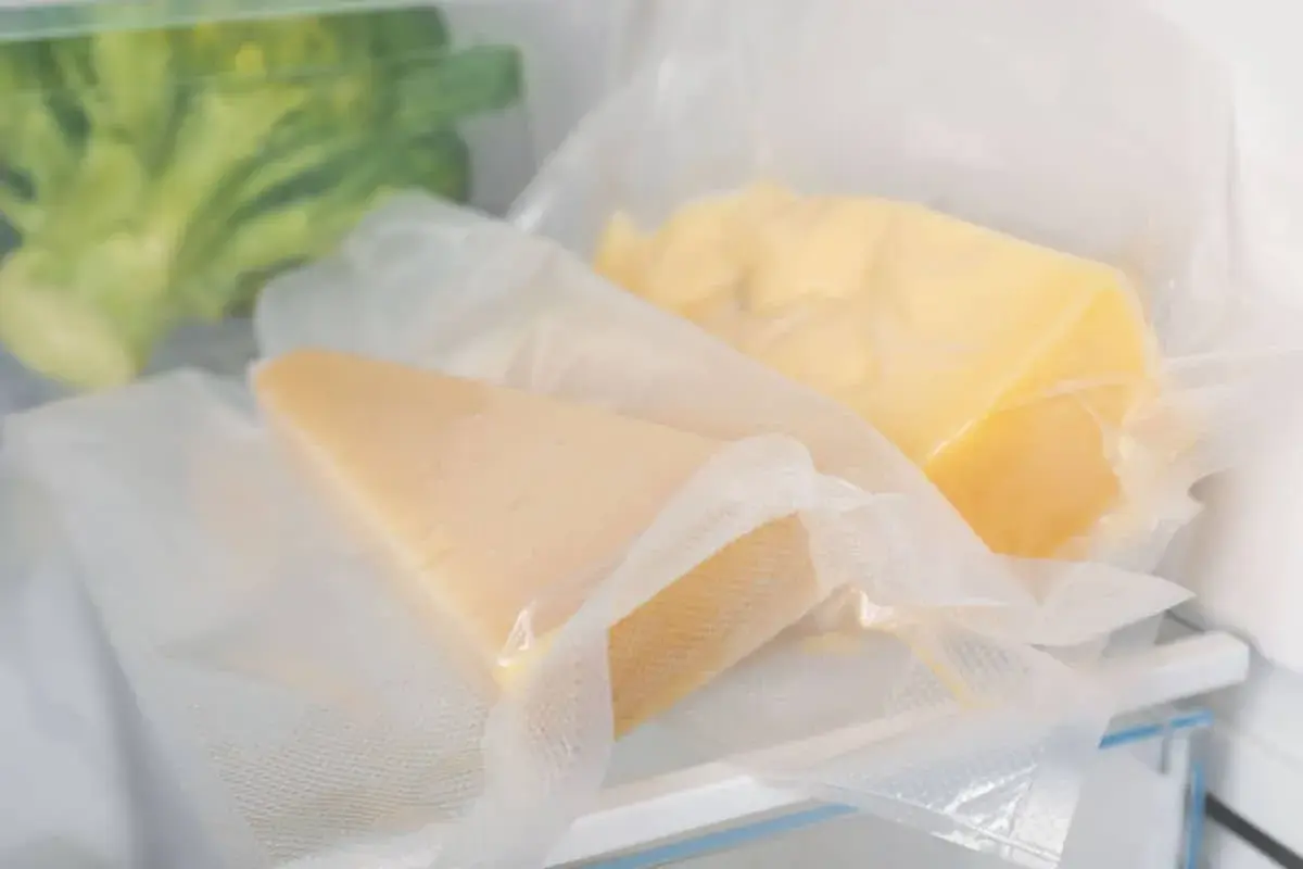Due pezzi di formaggio stagionato sottovuoto, un metodo efficace per capire come conservare il formaggio in frigo.
