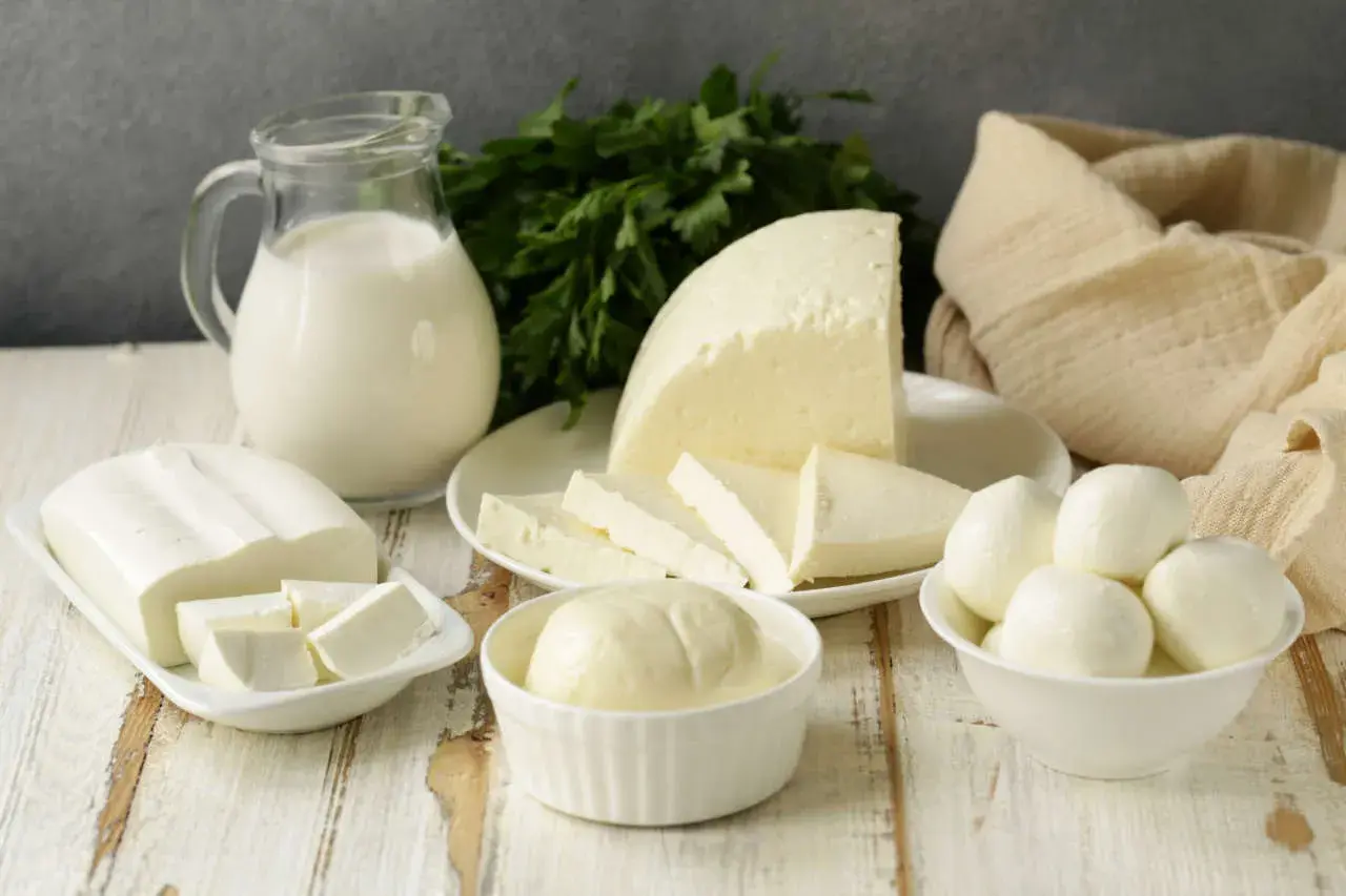 Varietà di formaggi freschi: una brocca di latte, ricotta, giuncata e mozzarelline.