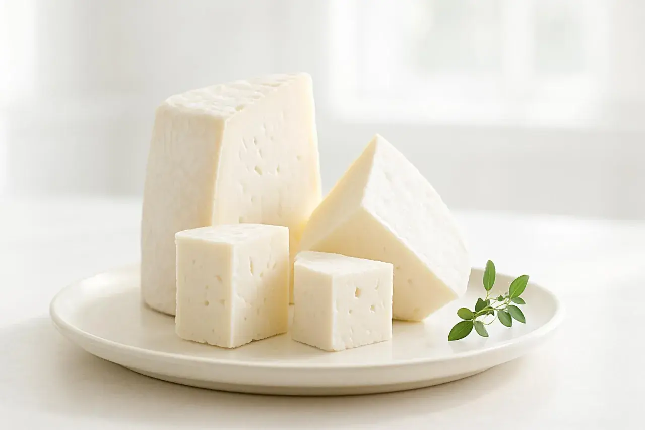 Formaggi freschi a cubetti e a spicchi su un piatto, con un rametto di erbe. Ideali per chi cerca un formaggino con poche calorie.