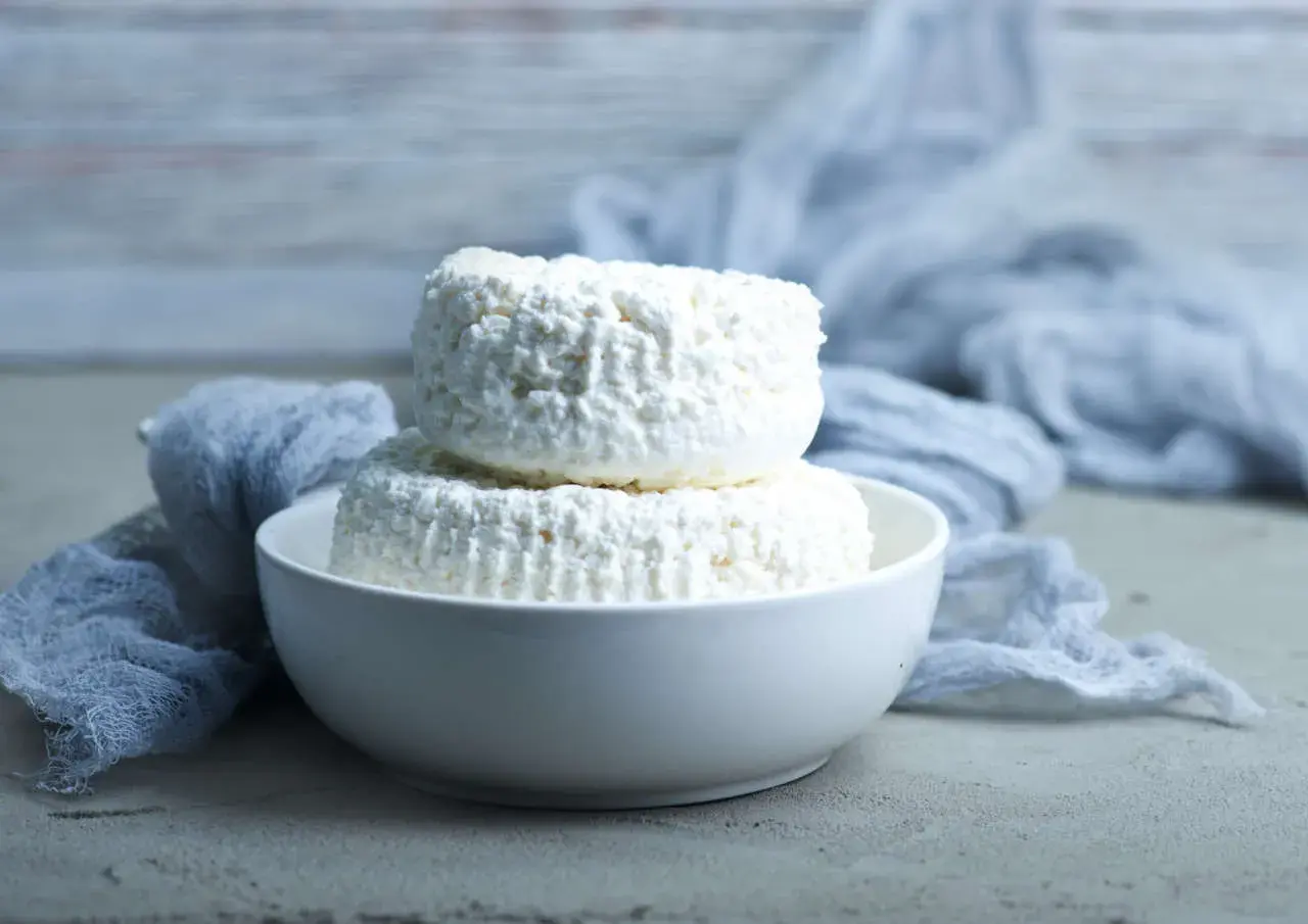 Due forme di ricotta magra impilate in una ciotola bianca, con un drappo grigio sullo sfondo.