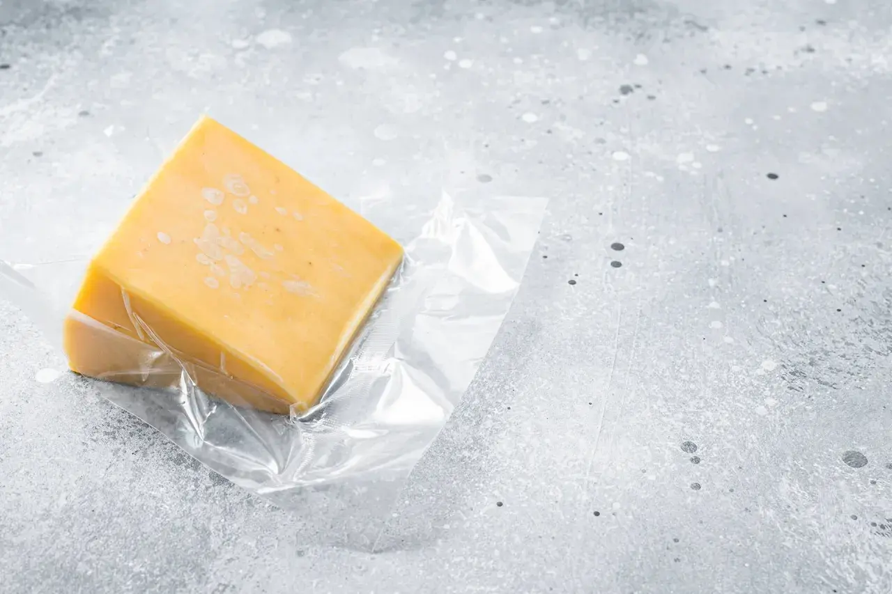 Un pezzo di formaggio giallo, sottovuoto, pronto per essere conservato. Quanto dura il formaggio sottovuoto?